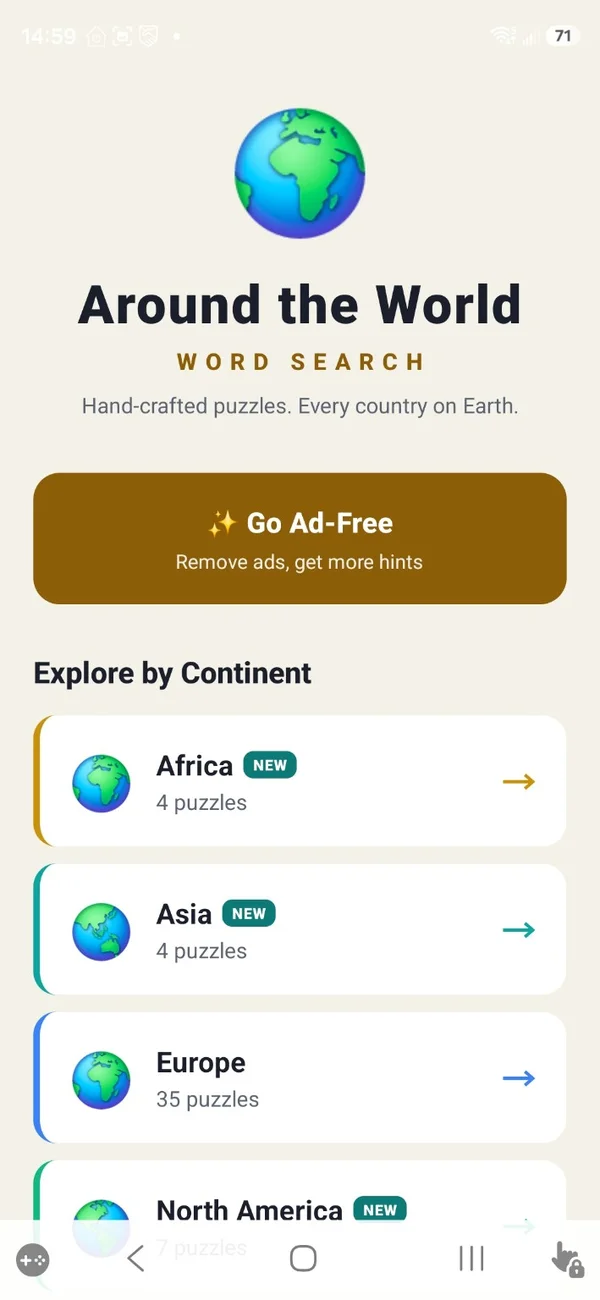 Around the World Word Search app home screen with the Go Ad-Free option